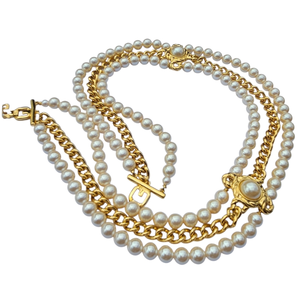 Vintage Givenchy Necklace Multistrand Faux Pearl Gold Chain Dressy Gala Necklace - Picture 6 of 16